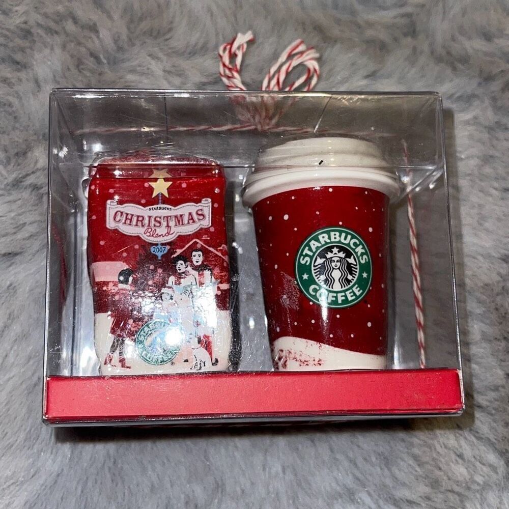 2007 Starbucks boxed Ornament Set Holiday Hot Cup & Christmas Blend Coffee Minia